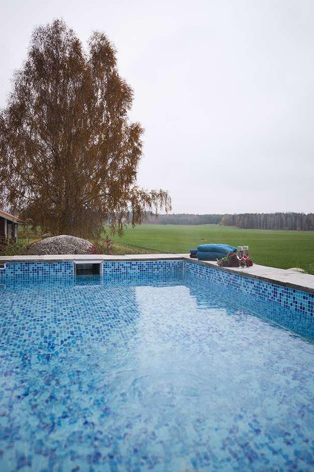 I förgrunden ser man en blå pool och i bakgrunden breder sig ett höstigt landskap ut sig.
